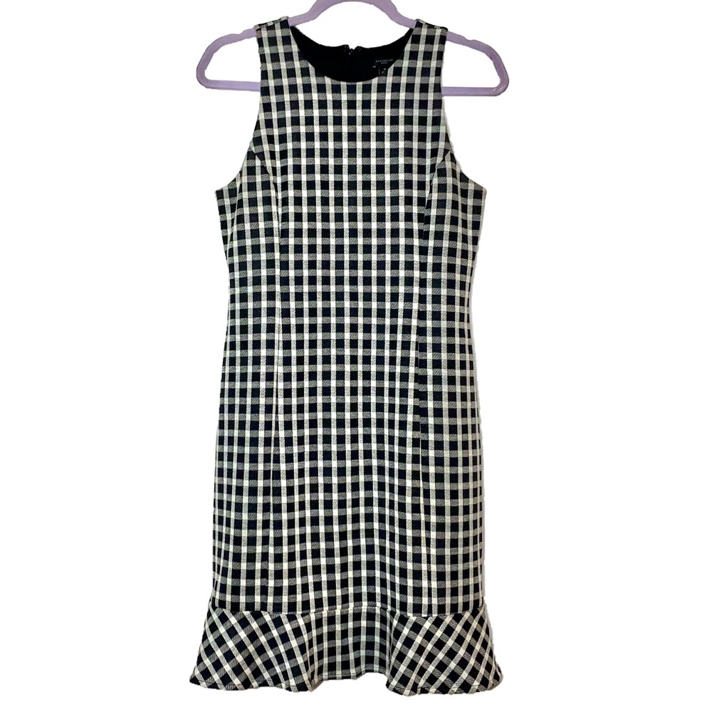 Ann Taylor Plaid Ruffle Hem Sheath Dress, Black & White Gingham | SIZE 6P